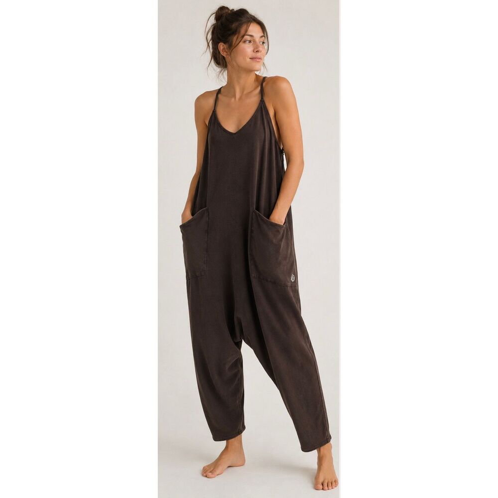 FP Movement Jumpsuit Medium Brown Oversized Harem Romper Pockets Boho